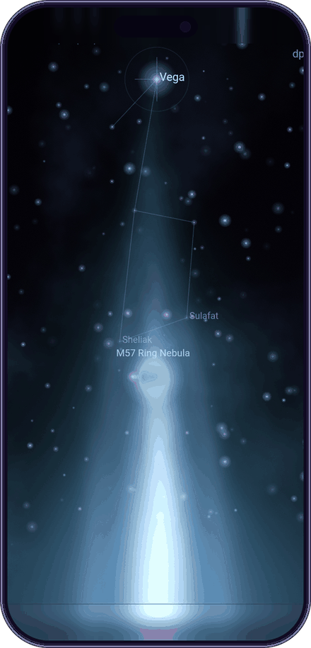 The Kiatara app showing a beam of light rising into the night sky